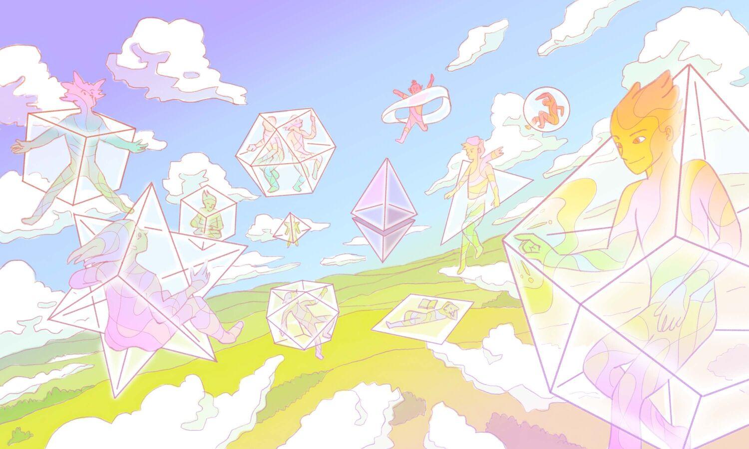 People inside transparent boxes with different shapes in a beautiful landscape