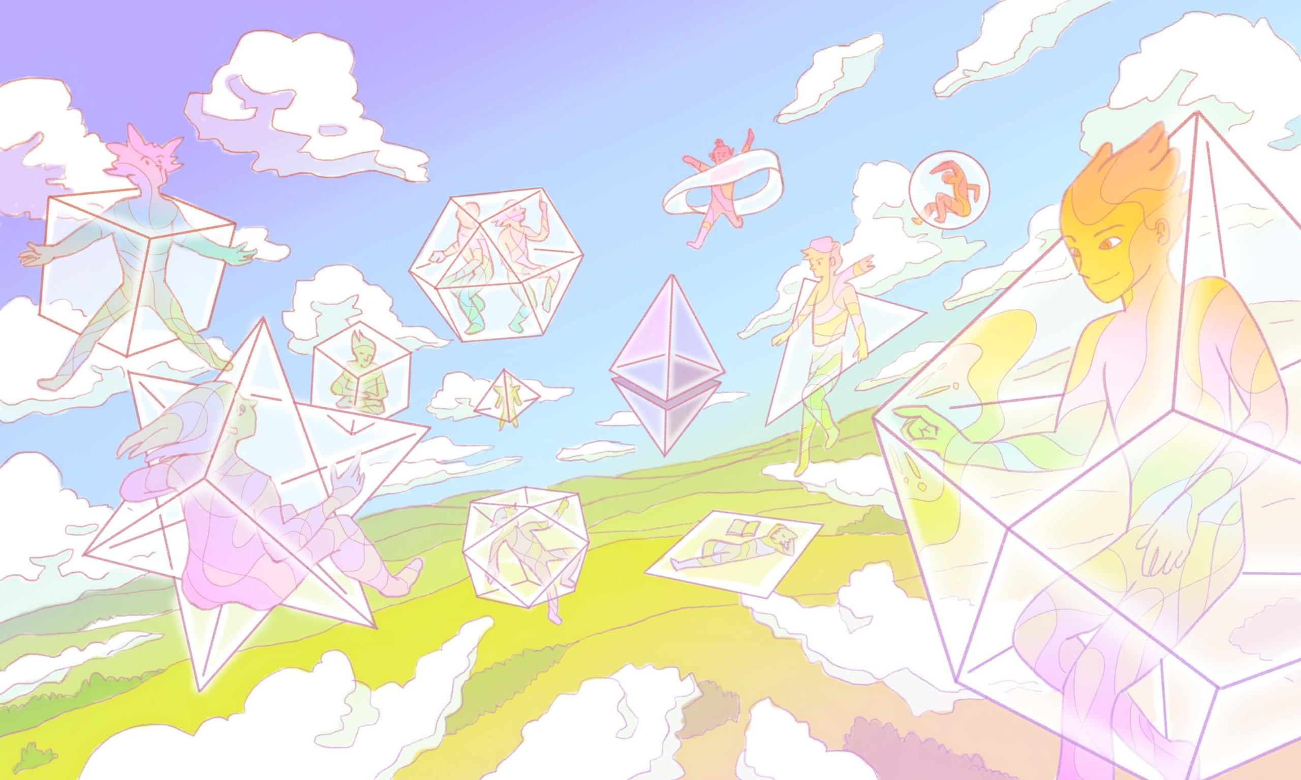 People inside transparent boxes with different shapes in a beautiful landscape
