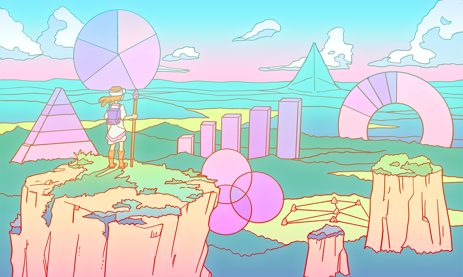 A person standing at the top of a hill looking at a vast landscape that contains things with the shape of different types of charts