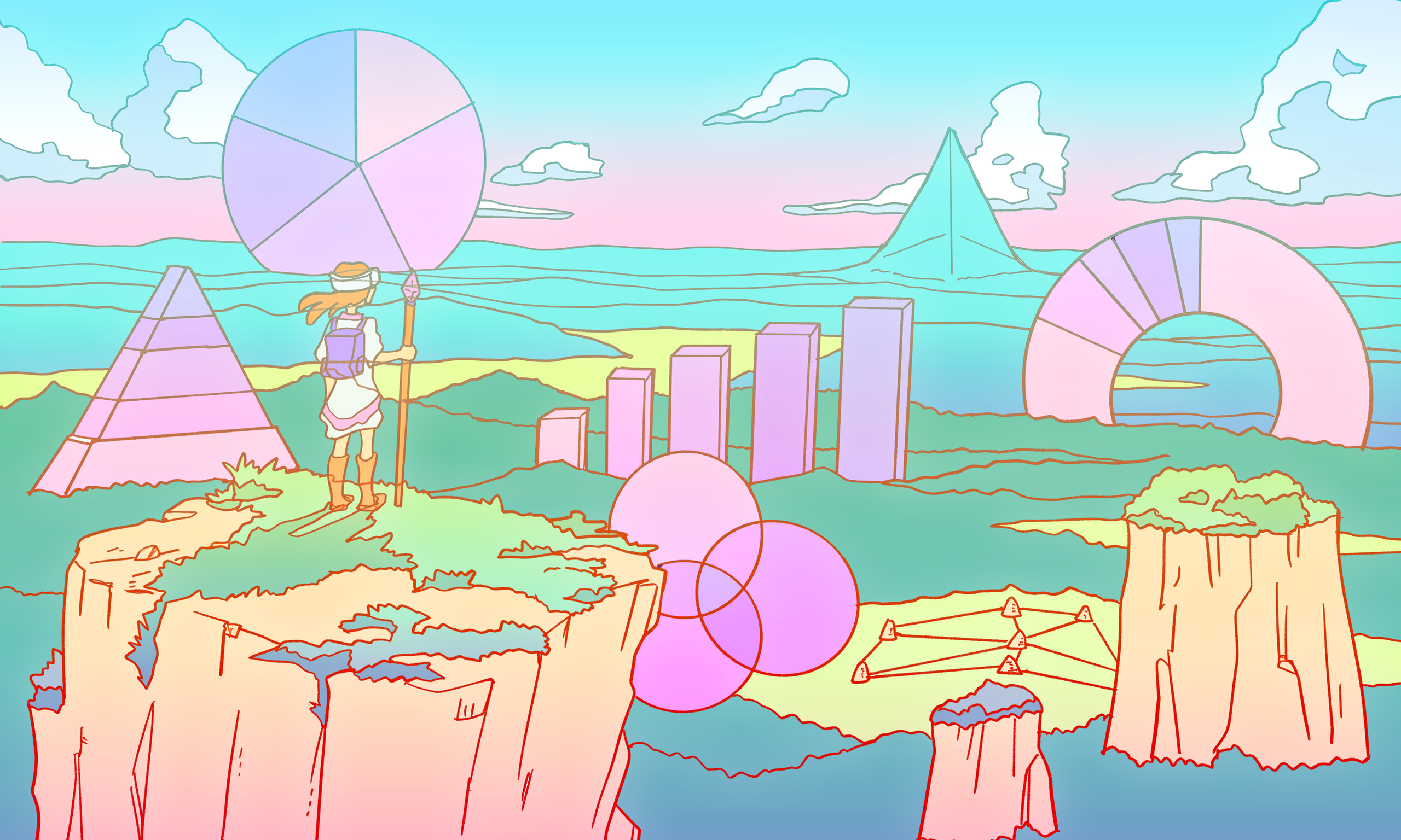 A person standing at the top of a hill looking at a vast landscape that contains things with the shape of different types of charts