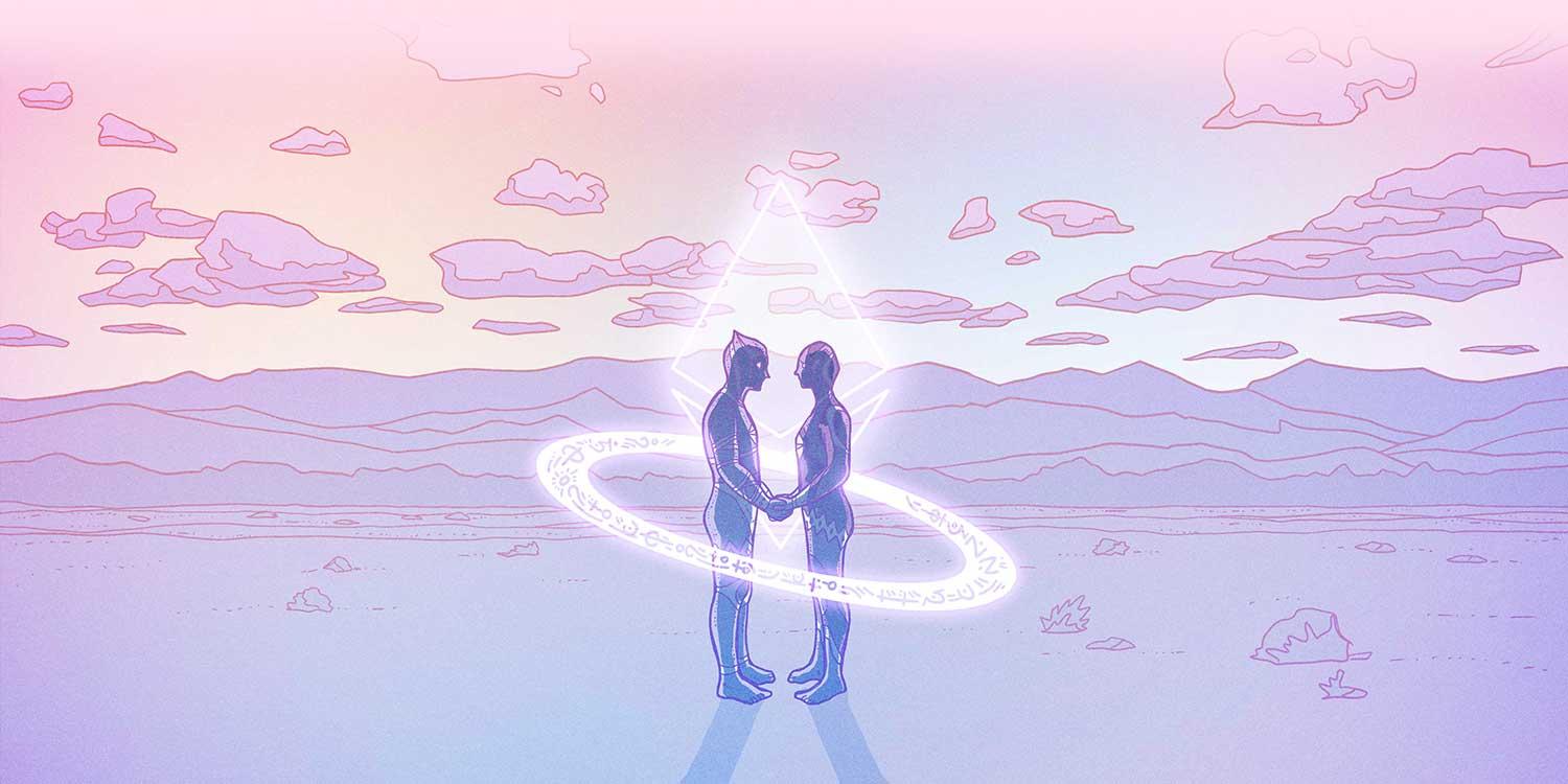 Two people holding hands in field with ethereum log