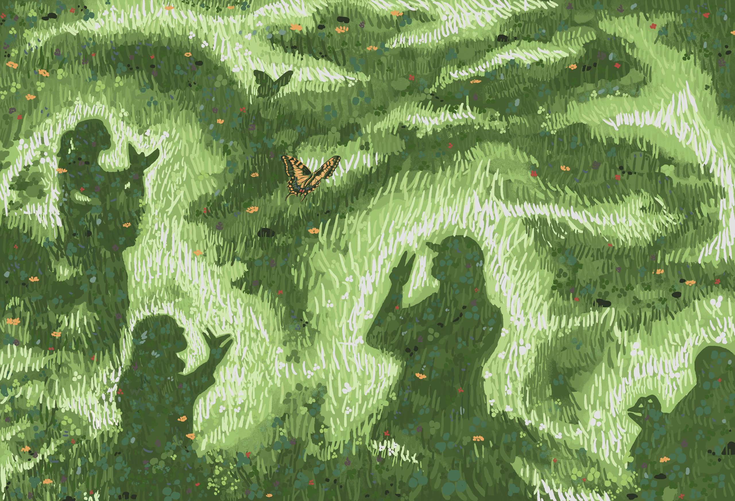 People making shadow plays in a field of grass